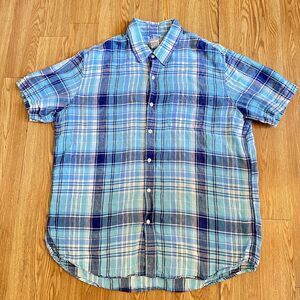 LL Bean Men's Shirt XL Short Sleeve Linen Blue Plaid Pattern Summer‎ Dressy D